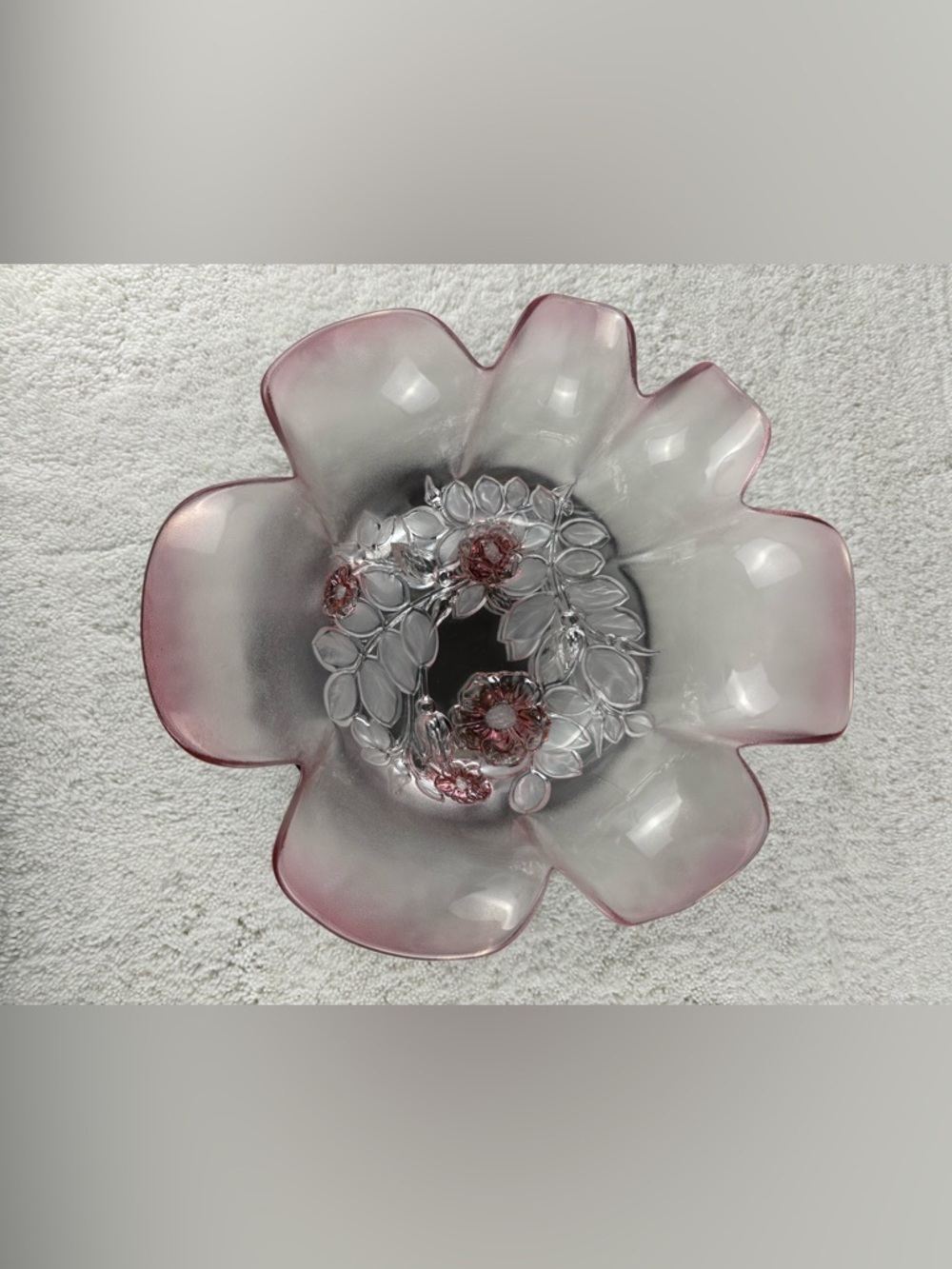 Vintage Mikasa Rosella Crystal Serving Bowl, with Frosted Pink Glass & Flowers